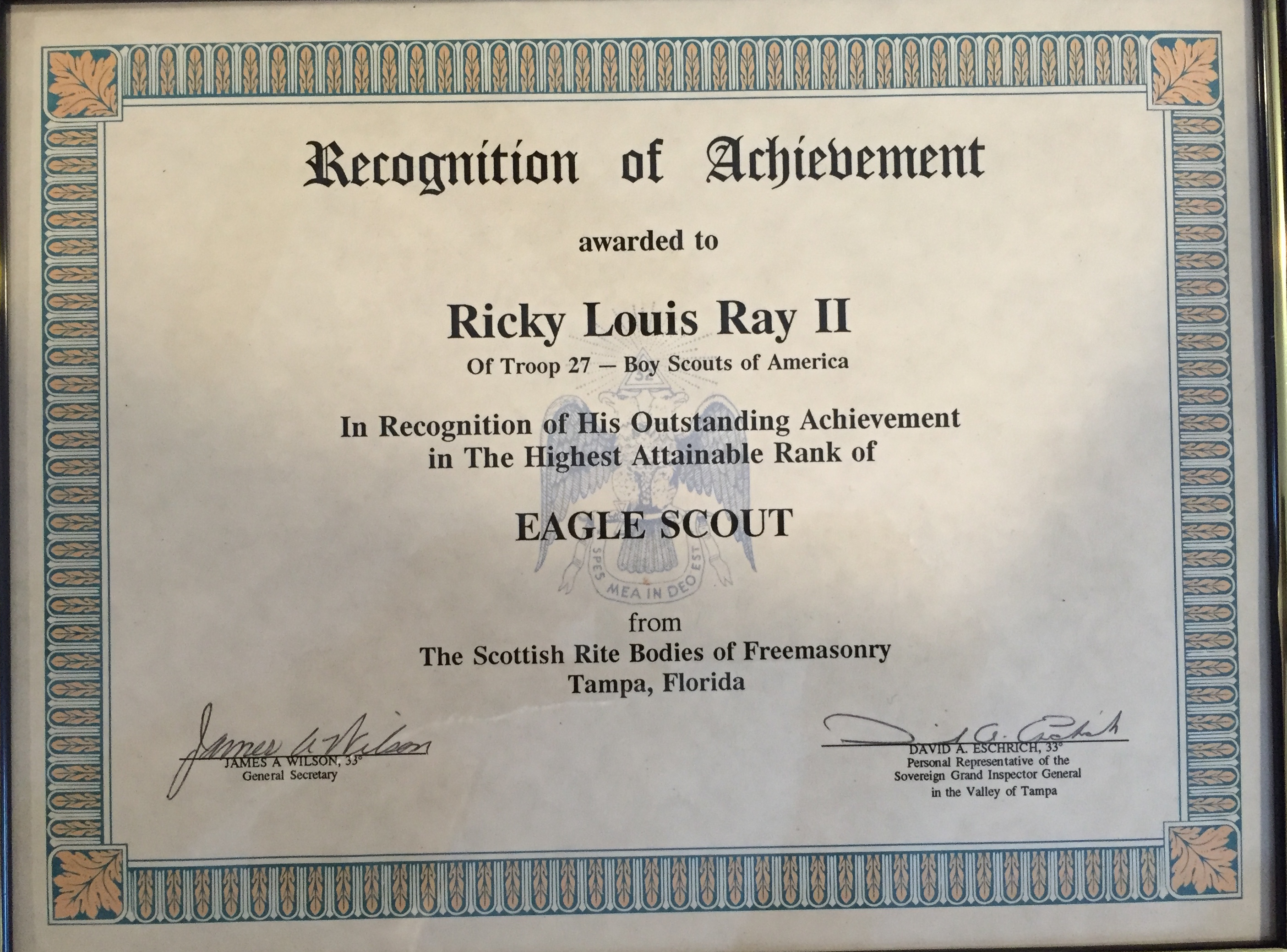 Ricky Louis Ray - Eagle Freemasonary Certificiate 